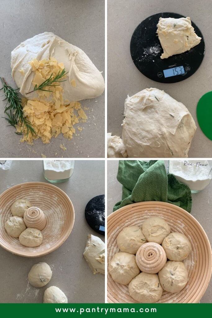 Formando pan de parmesano de masa fermentada en un banneton de couronne