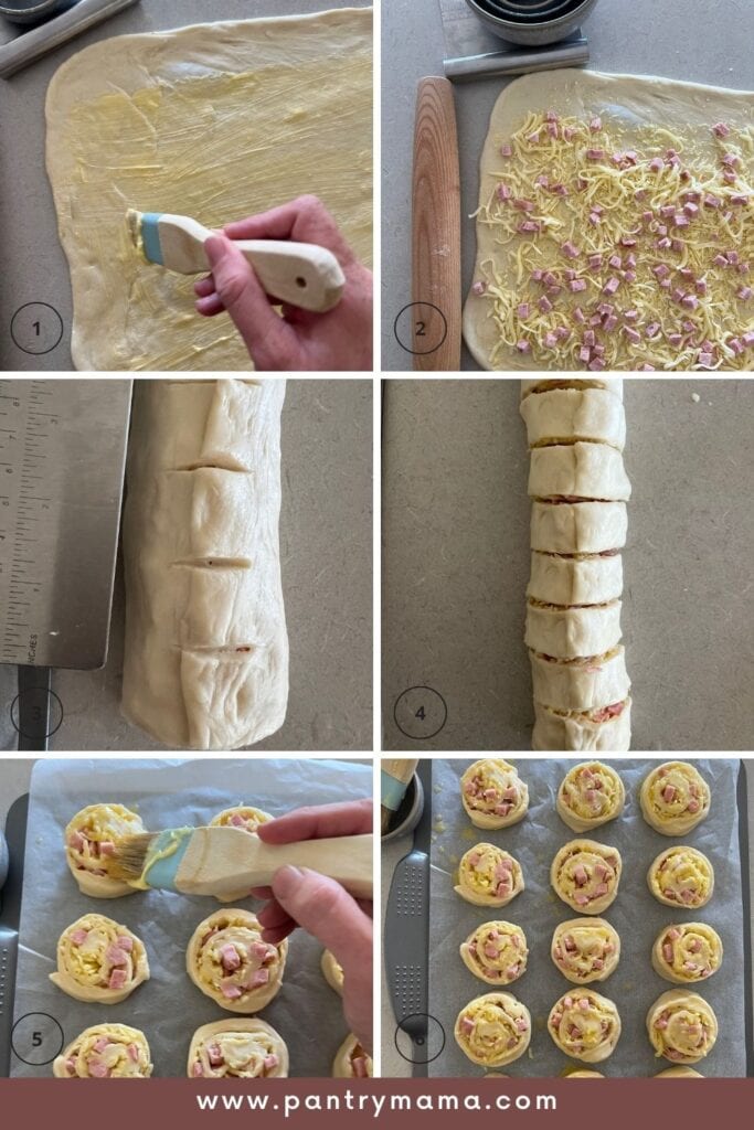 Fotos de proceso para molinillos de masa madre con jamón y queso.