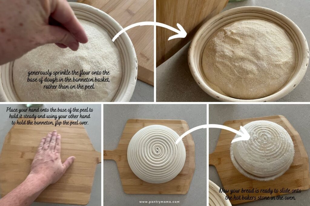 Serie de fotos que muestran cómo transferir masa madre de un banneton a una cáscara de panadero para que no necesite usar pergamino o papel de hornear.