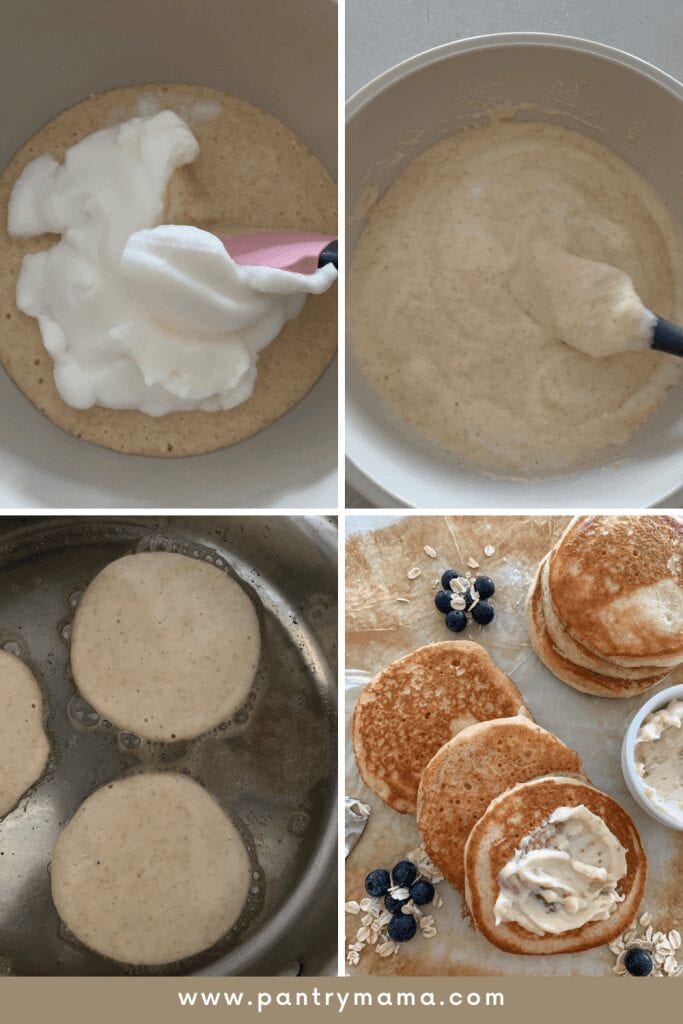 Proceso de elaboración de tortitas de masa madre con harina integral y claras de huevo.