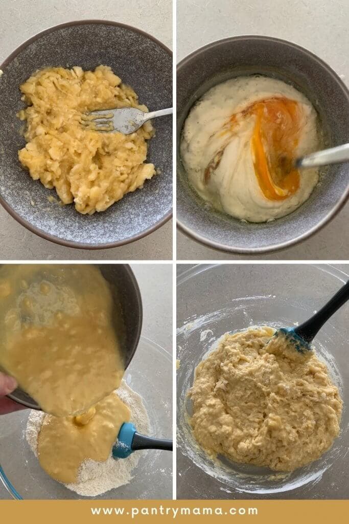 Proceso de mezcla de los ingredientes líquidos y los ingredientes secos para muffins de masa madre de plátano.

