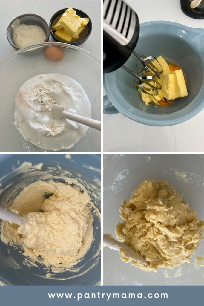 Proceso paso a paso para las galletas de azúcar de masa fermentada: mezcla de ingredientes secos, crema de mantequilla y azúcar y mezcla de ingredientes húmedos y secos.