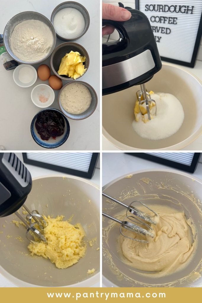 Procese fotos de cómo hacer galletas con huellas dactilares de masa fermentada: batiendo la mantequilla y el azúcar y luego agregando los huevos, la masa fermentada y la vainilla.