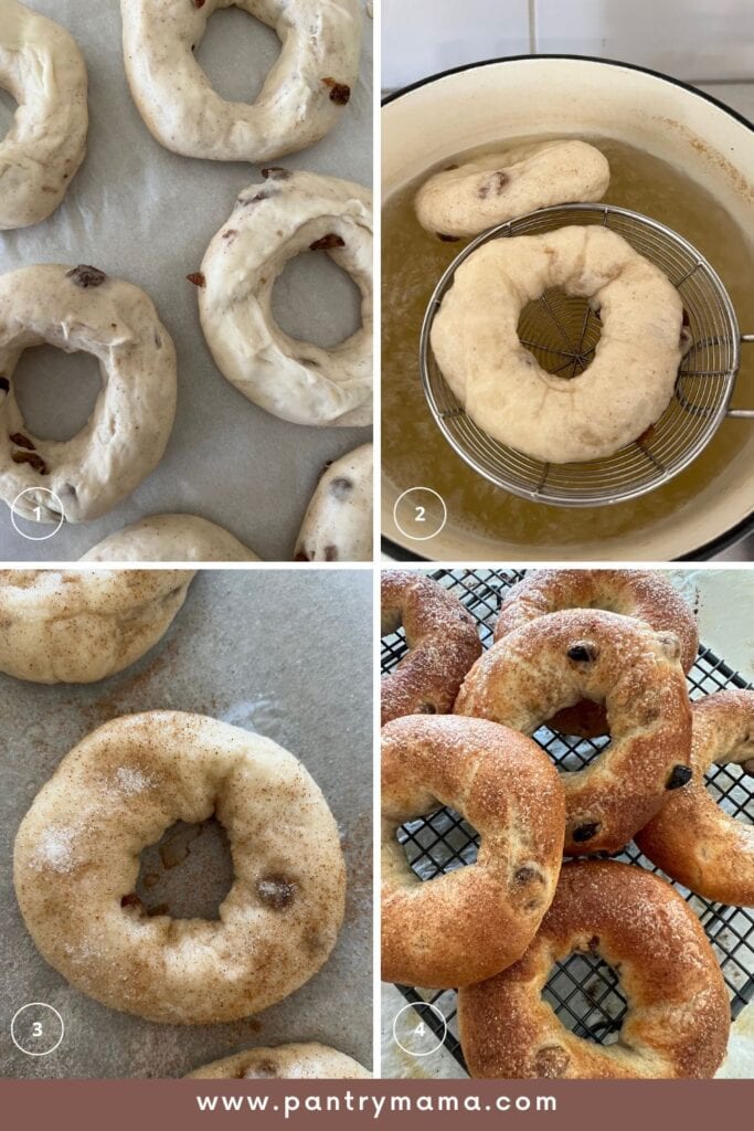 Fotos de proceso para hacer bagels de masa fermentada, canela y pasas.  Desde dar forma hasta hervir y espolvorear con azúcar canela.