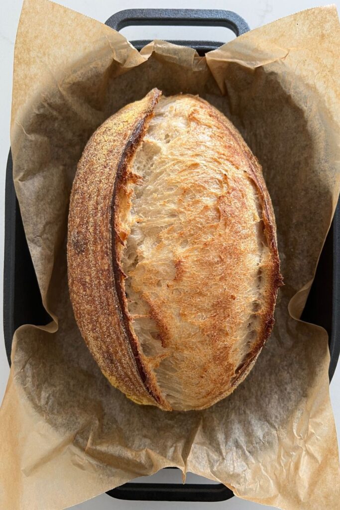 Hogaza de pan de masa fermentada sobre papel pergamino marrón.  El pan tiene una panza grande y una corteza fuerte. 