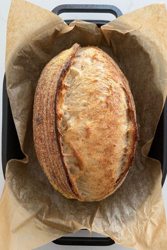 Hogaza de pan de masa fermentada sobre papel pergamino marrón.  El pan tiene una panza grande y una corteza fuerte. 