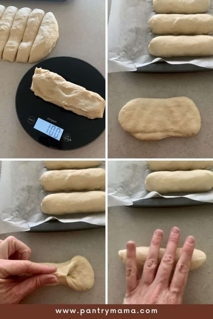 Proceso de formación de panecillos de hot dog de masa madre.