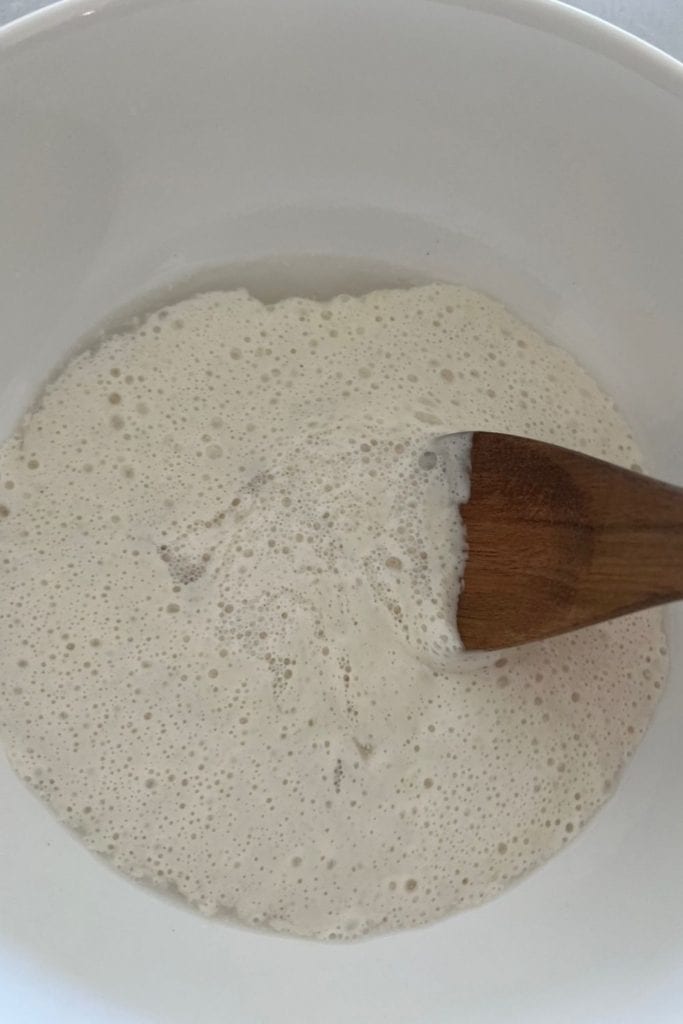 Mezclar el iniciador y el agua para obtener pan de masa fermentada el mismo día.