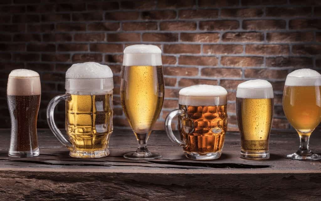 Seis vasos de cerveza sentados frente a una pared de ladrillos.
