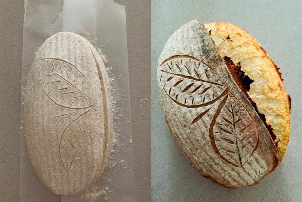 Foto que muestra masa ranurada y pan horneado con harina que resalta el patrón de puntuación