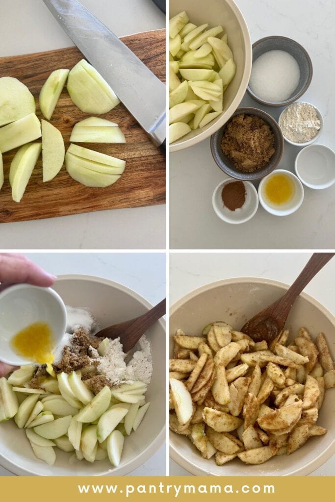 Fotos de proceso que muestran cómo hacer pastel de manzana con masa fermentada: desde cortar las manzanas, organizar los ingredientes secos y luego combinar las manzanas y otros ingredientes en un tazón grande para mezclar. 