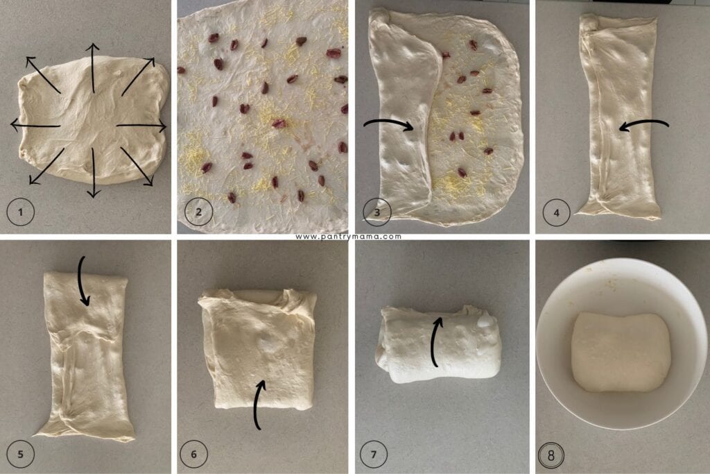 8 fotos que muestran cómo laminar pan de masa madre para desarrollar el gluten.