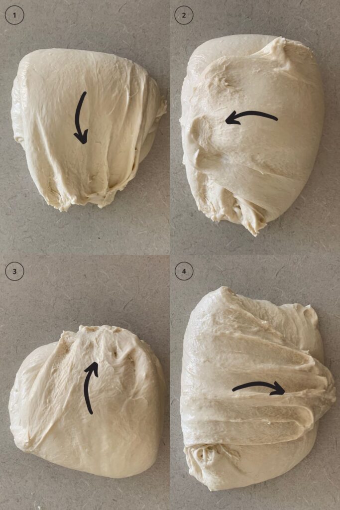4 fotos que muestran cómo estirar y doblar al desarrollar gluten en pan de masa madre.